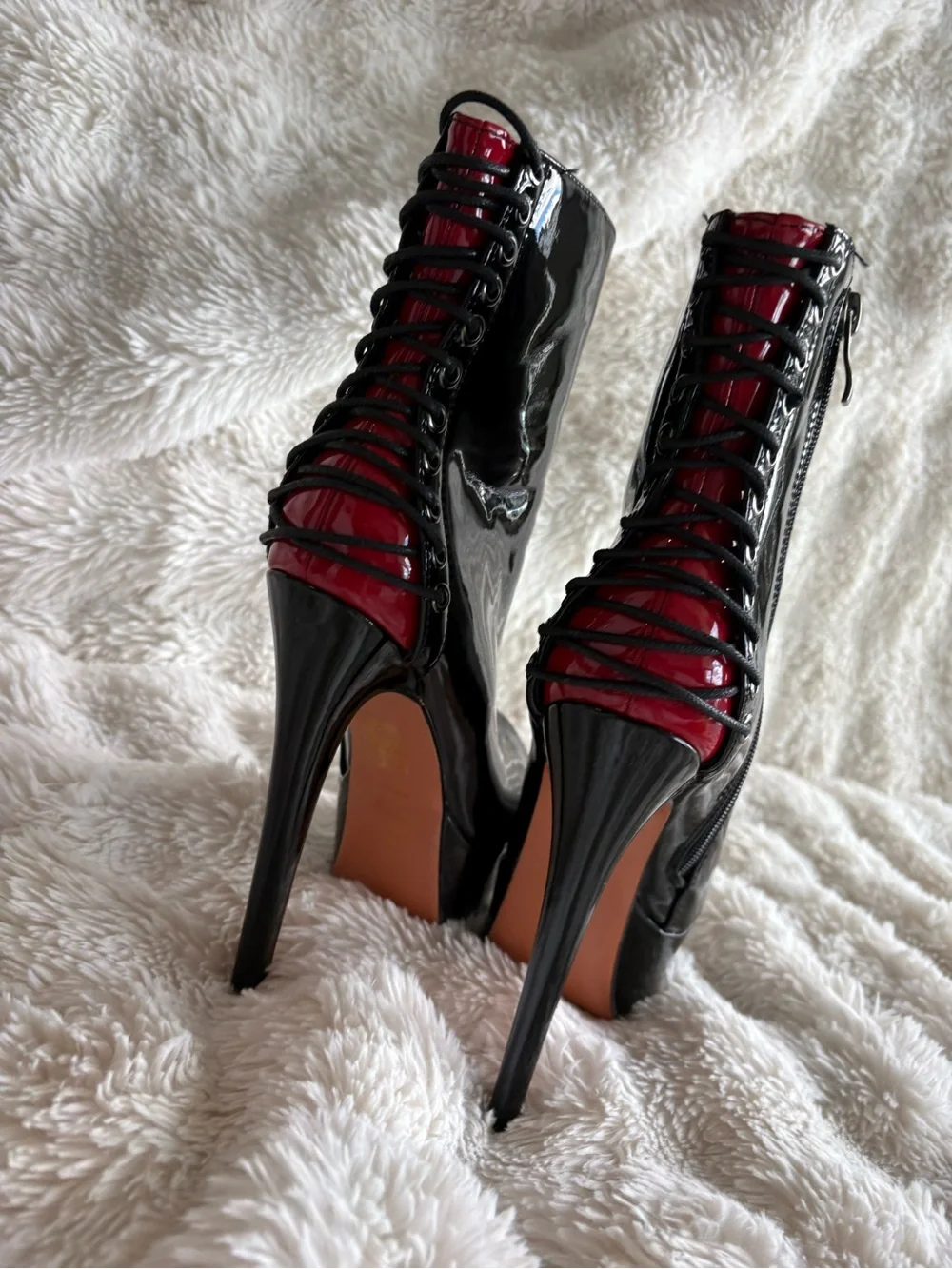 Black Patent Peep-Toe Platform Booties with Red Accent